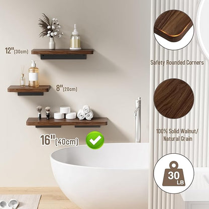 Danpoo 16 inch Solid Walnut Floating Shelf - Large, Heavy Duty Wall Shelf for Kitchen, Living Room, Bathroom, Built to Hold Books, Kitchenware, & Heavy Decor