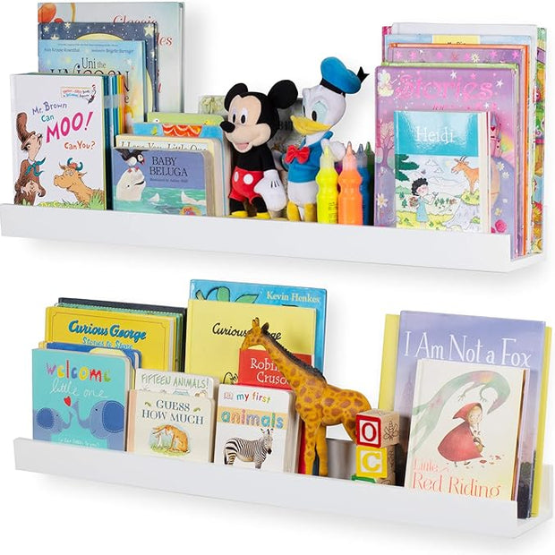 Wallniture Denver 34" White Wall Bookshelf for Kids' Room, Wall Floating Shelves for Nursery Decor, Set of 2