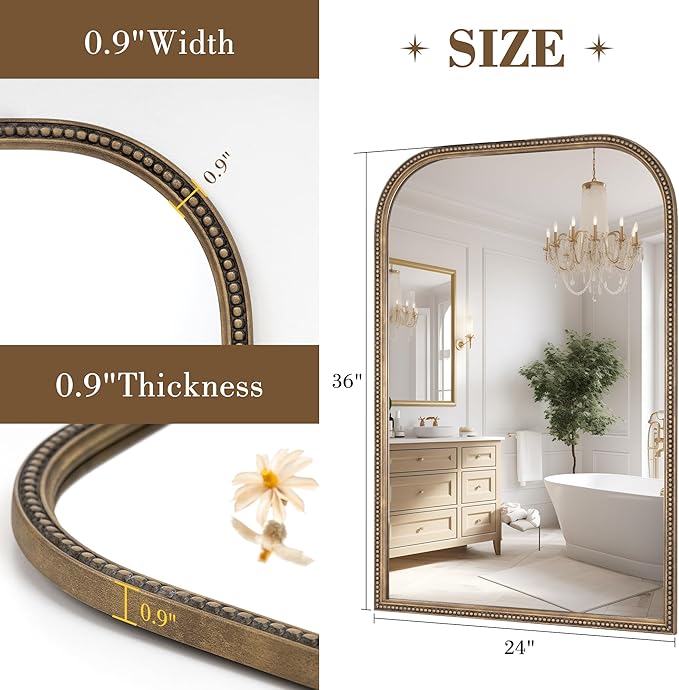 Axeman 24x36 Rounded Rectangular Wall Mirror, Decorative Bathroom Mirror, Traditional Vintage Wall Mounted Mirror with Beaded Frame for Accent Living Room Vanity Bedroom Entryway, Bronze