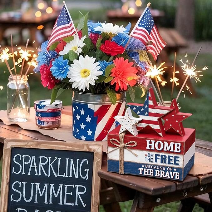 Geelin 4 Pcs Memorial Day Patriotic Wooden Book Stack Decorations, Tabletop Book Sign Ornaments with American Flag Stars, Rustic Red White Blue Tiered Tray Decor for Home, Office, Independence Day