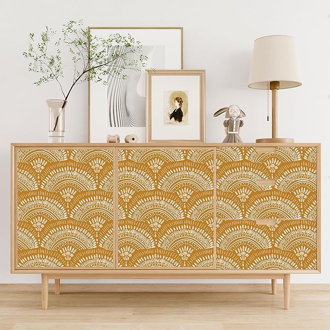 VEELIKE Mustard Yellow Geometric Peel and Stick Wallpaper Boho Geometric Wallpaper Removable 17.7''x118'' Renter Friendly Art Deco Wallpaper Peel and Stick for Bedroom Bathroom Accent Walls Cabinets