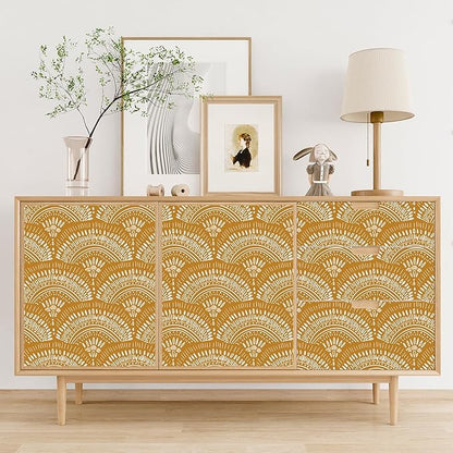 VEELIKE Mustard Yellow Geometric Wallpaper Peel and Stick Boho Wallpaper for Bedroom Bathroom Nursery 17.7''x354'' Removable Yellow Art Deco Wallpaper Renter Friendly Adhesive Contact Paper for Walls
