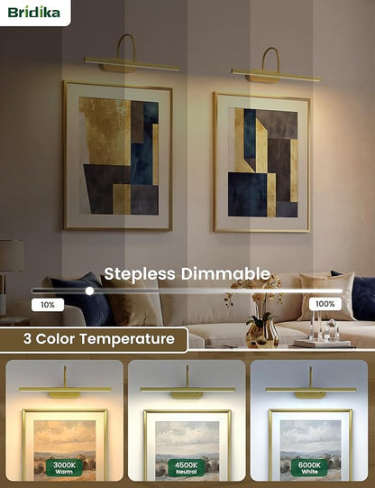 Picture Lights for Wall Battery Operated, Wireless Art Lights for Painting Remote Control, Flexible Gooseneck, 3 Colors & Dimmable Wall Light for Picture, Artwork, Portrait with Timer (Gold, 2 Pack)