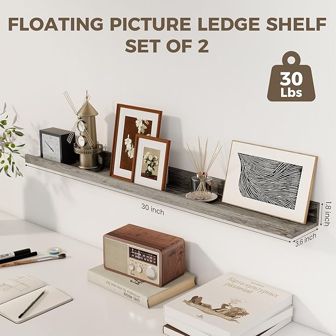 Axeman 30 Inch Floating Shelves | Picture Ledge Shelf Set of 2 | Rustic Grey Wall Shelves with Lip | Grey Picture Shelf for Wall with Ledge | Photo Ledges 30 Inch