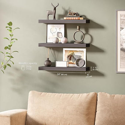 Ballucci Floating Shelves for Wall, 24" Wood Wall Mount Shelf Set of 3, Invisible Brackets Floating Shelf for Decor Living Room, Bathroom, Bedroom, Kitchen, 6" Depth, Black