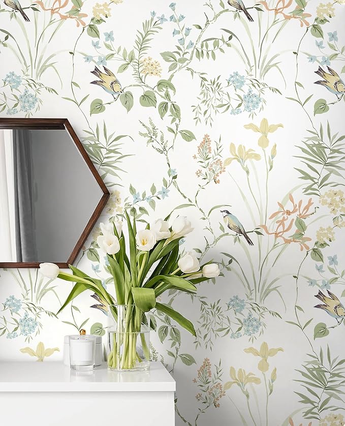 Erfoni 16.9" x118" Boho Floral Peel and Stick Wallpaper Green Floral and Birds Contact Paper DIY Self Adhesive Removable Wallpaper for Livingroom Cabinet Decor Modern Flower Leaf Wall Paper Vinyl Roll