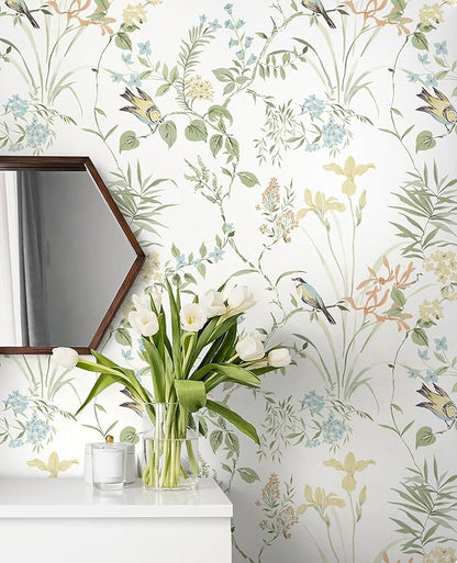 Erfoni 16.9" x118" Boho Floral Peel and Stick Wallpaper Green Floral and Birds Contact Paper DIY Self Adhesive Removable Wallpaper for Livingroom Cabinet Decor Modern Flower Leaf Wall Paper Vinyl Roll