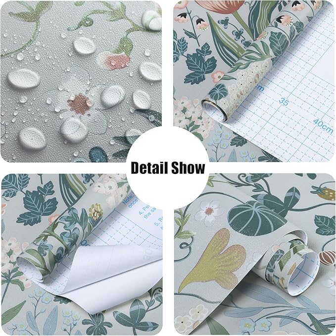 Peel and Stick Wallpaper Vintage Wall Paper Gray Blue Floral Contact Paper Removable Wallpaper 17.3