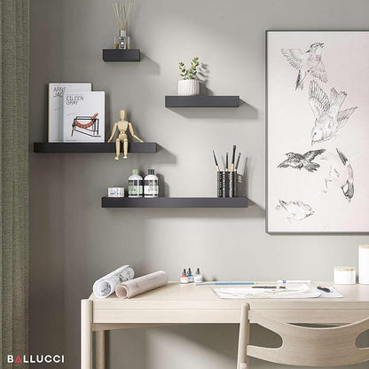 Ballucci Modern Ledge Wall Shelves, Set of 4 Wood Floating Shelves for Bedroom, Bathroom, Living Room, Kitchen, Nursery, Black