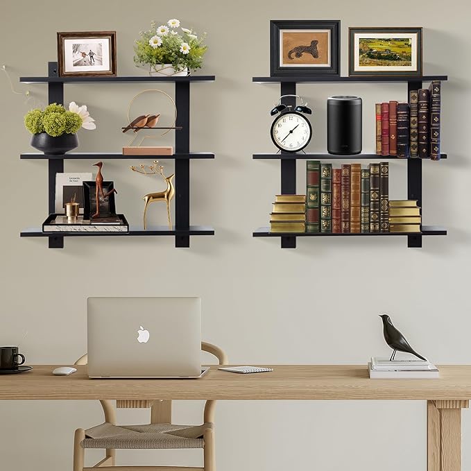 3 Tier Floating Shelves,Long Wall Shelf,Over The Toilet Shelves Bathroom Hanging Display Storage Rustic for Living Room Bedroom Kitchen Office Coffee Bar Decor Decorative,24 Inch,2 Pack,(Black)