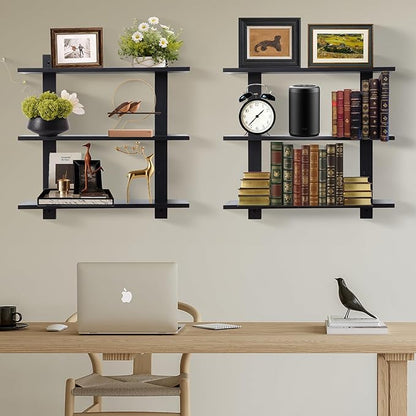 3 Tier Floating Shelves,Long Wall Shelf,Over The Toilet Shelves Bathroom Hanging Display Storage Rustic for Living Room Bedroom Kitchen Office Coffee Bar Decor Decorative,24 Inch,2 Pack,(Black)