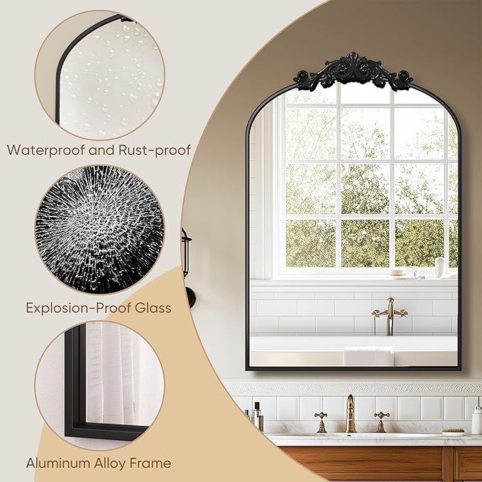 Vintage Wall Mirror, 24"x36" Arched Mirror for Vanity, Antique Decorative Mirrors with Carved Metal Frame for Bedroom, Living Room, Entryway, Fireplace, Hallway, Black