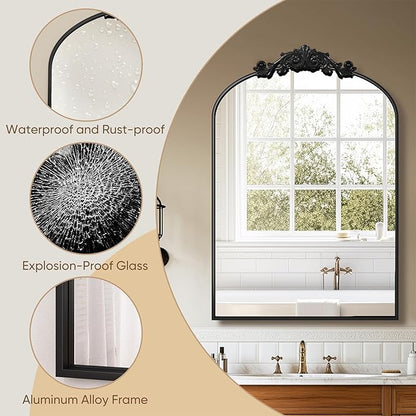 Vintage Wall Mirror, 24"x36" Arched Mirror for Vanity, Antique Decorative Mirrors with Carved Metal Frame for Bedroom, Living Room, Entryway, Fireplace, Hallway, Black