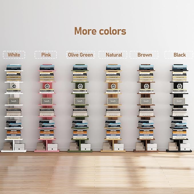 TUTOTAK Narrow Bookshelf, 8-Tier Bookcase, Spine Book Shelf for Small Space, Corner Standing Shelf for Living Room, Office, Study, Entryway, Rustic Brown BS06BB008