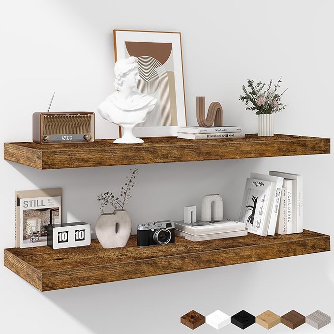 Fun Memories Floating Shelves - 2 Pack 12 Inch Rustic Wooden Wall Shelves - Extra Deeper & Thicker Wall Mounted Storage Shelf for Living Room, Kitchen, Farmhouse - 36