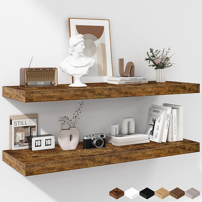 Fun Memories Floating Shelves - 2 Pack 12 Inch Rustic Wooden Wall Shelves - Extra Deeper & Thicker Wall Mounted Storage Shelf for Living Room, Kitchen, Farmhouse - 36" W x 12" D x 1.8" H - Brown