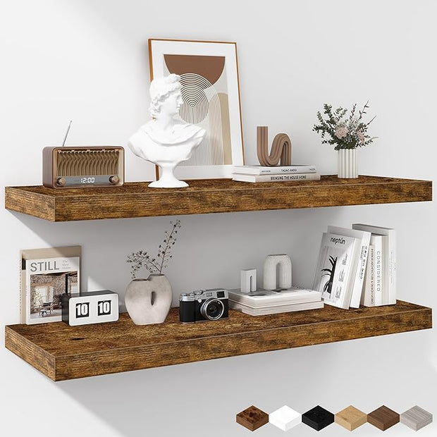 Fun Memories Floating Shelves - 2 Pack 12 Inch Rustic Wooden Wall Shelves - Extra Deeper & Thicker Wall Mounted Storage Shelf for Living Room, Kitchen, Farmhouse - 36" W x 12" D x 1.8" H - Brown