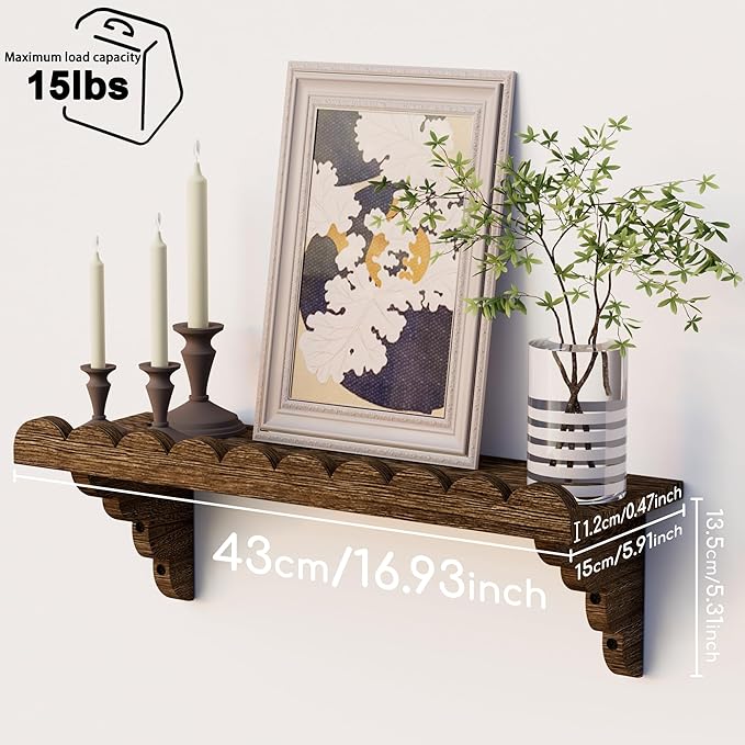 Scalloped Wood Wall Shelf – 17 Inch Floating Shelf with Wood Brackets, Easy to Install Rustic Wall Shelf for Living Room, Bedroom, Bathroom, or Any Space