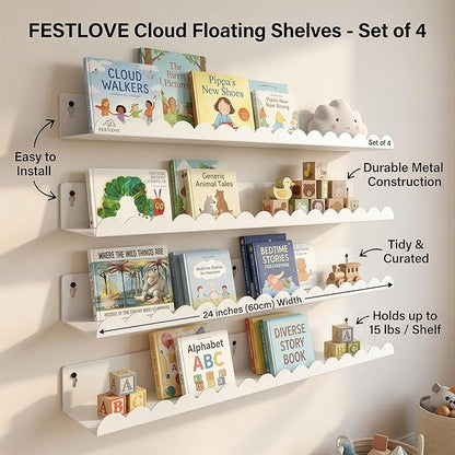 24 Inch Nursery Book Shelves Set of 4, White Metal Floating Shelves for Wall, Scalloped Cloud Book Shelf for Kids Room, Bathroom, Bedroom, Playroom Wall Decor & Storage