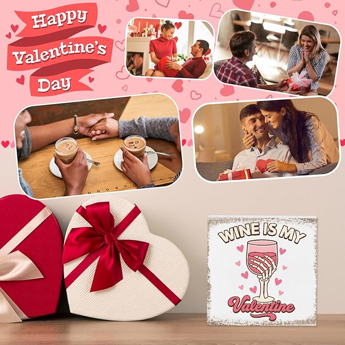 Valentines Coffee Desk Decor, Valentine's Day Gifts for Drink Lover Bar Station, Wine Is My Valentine Home Office Table Sign for Kitchen Shelf Tiered Tray, Cafe Tabletop Decoration to Couples
