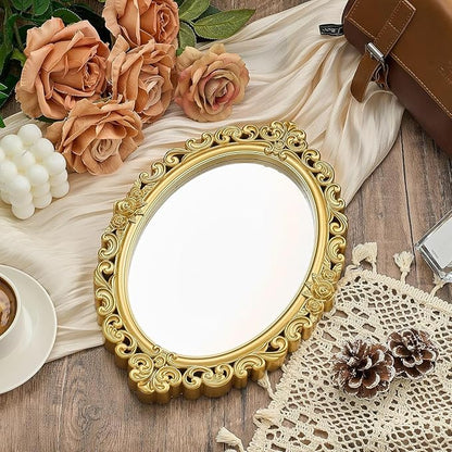 6 Pcs Vintage Gold Mirrors Set Including Small Oval Wall Mirror Antique Shield Shape Square Decorative Mirror Dresser Mirrored Tray for Bedroom Wedding Victorian Decor (Classic,Gold)