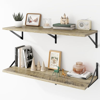 Deep Floating Shelves Wall Mounted, 36"x12" Gray Wall Shelves with Brackets Set of 2 for Bedroom, Living Room, Bathroom, Kitchen, Office - Storage & Display Shelf for Decor, Books, Plants