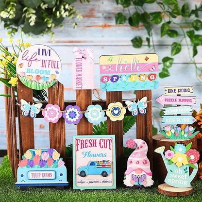 Amyhill 14 Pcs Spring Tiered Tray Decor Farmhouse Easter Decorations Hello Spring Wooden Signs Gnome Flower Butterfly Mini Table Decor for Home Kitchen Coffee Bar Shelf