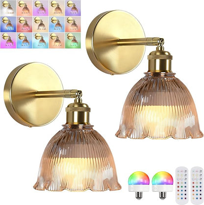 Vintage Battery Operated Wall Sconce with Amber Ripple Glass Lampshade Rechargeable Battery Powered Wall Light with Remote Control for Bedside Bedroom Bathroom, Set of 2