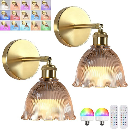 Vintage Battery Operated Wall Sconce with Amber Ripple Glass Lampshade Rechargeable Battery Powered Wall Light with Remote Control for Bedside Bedroom Bathroom, Set of 2