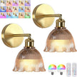 Vintage Battery Operated Wall Sconce with Amber Ripple Glass Lampshade Rechargeable Battery Powered Wall Light with Remote Control for Bedside Bedroom Bathroom, Set of 2