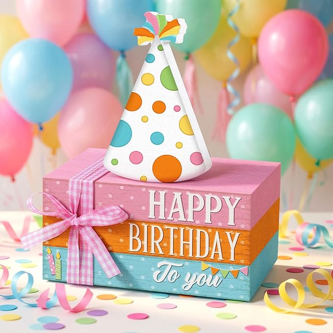 Geelin 4 Pcs Birthday Wooden Book Stack Decor, Rustic Happy Birthday Table Centerpieces with Party Hat Wooden Sign, Colorful Tiered Tray Decorations for Home, Office, and Party Table Decor