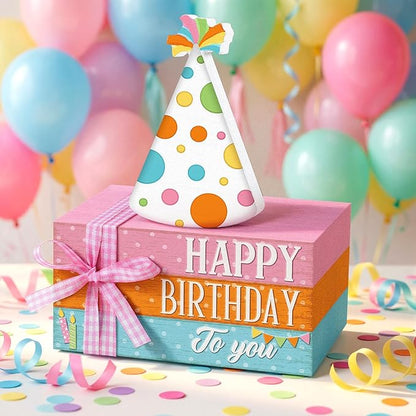 Geelin 4 Pcs Birthday Wooden Book Stack Decor, Rustic Happy Birthday Table Centerpieces with Party Hat Wooden Sign, Colorful Tiered Tray Decorations for Home, Office, and Party Table Decor
