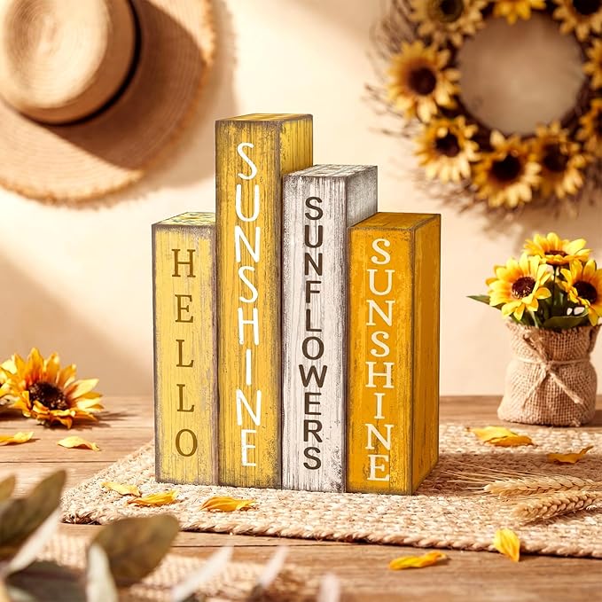 4 Pcs Summer Table Decoration Wooden Book Sunflower Decoration Yellow and White Summer Tiered Tray Decor Wood Book Sign Farmhouse for Home Shelf Coffee Table