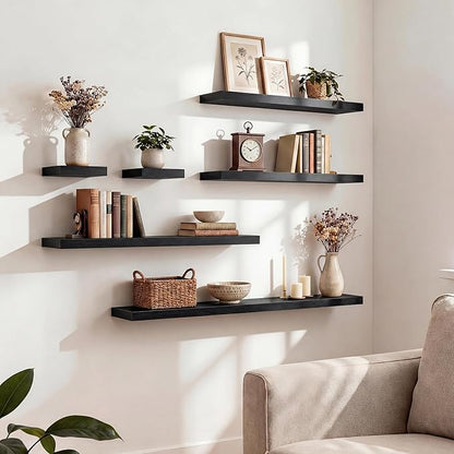 Floating Shelves for Wall, 72"W x 9.3"D x 1.5"H, Long Wooden Wall Mounted Display Shelves with Invisible Brackets for Living Room, Bedroom, Bathroom, Kitchen Decor and Storage, Set of 2, Black
