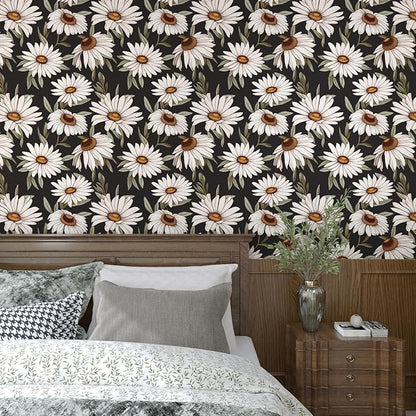 Daisy Floral Wallpaper Peel and Stick Boho Wallpaper for Countertop 17.5in x 393in Vintage Contact Paper Vinyl Waterproof Self-Adhesive Dark Black Modern Wall Paper for Bedroom Walls Drawer Bathroom