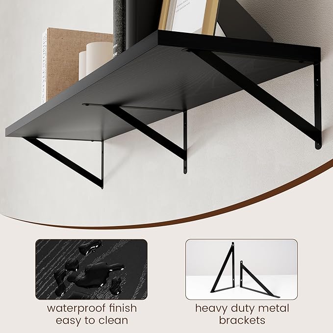 Axeman Floating Shelves for Wall Black- 48 Inch Wide x 12 Inch Deep Wall Shelves Set of 2 - Black Deep Wood Floating Shelves for Living Room Bedroom Laundry Room