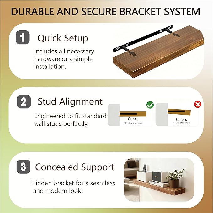 Solid Wood Floating Shelves,15in Finished Real Wood Wall Shelves with Heavy-Duty Hidden Bracket, Easy Installation, Set of 2, 15in x 7.1in x 1.5in, for Living Room Bedroom Kitchen,Bronze