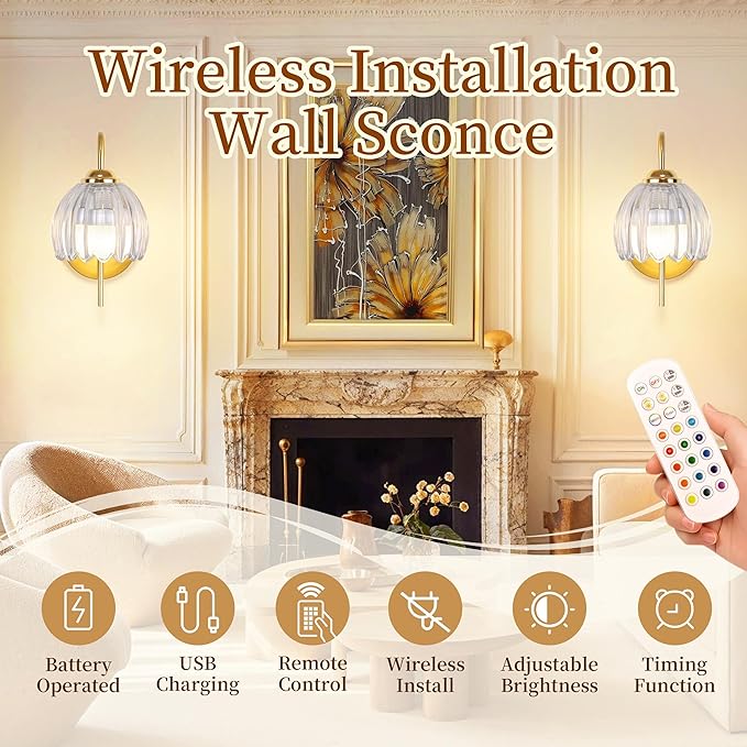 Vintage Battery Wall Sconce with Flower lampshade,Rechargeable Battery Powered Wall Lights,Wall lamp with 15 Colors for Bedroom Living Room Home Decor (Clear Tulip, 2 Light Battery Operated)
