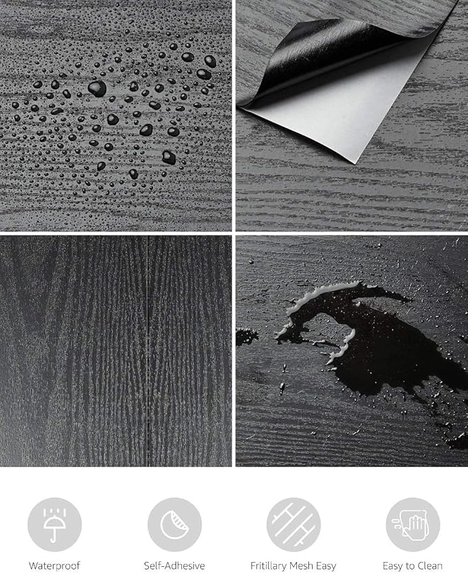 Abyssaly Black Wood Peel and Stick Paper 17.71 in X 1004 in Decorative Self-Adhesive Contact Paper Easy to Clean Thickening Upgrade Increase Stomata and Reduces Bubble Generation