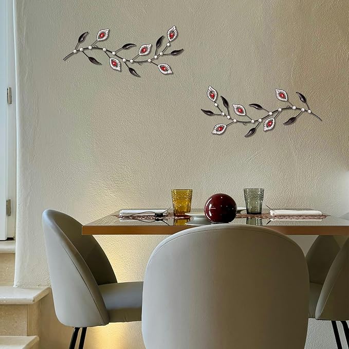 sxnzequnze 2 Pcs Metal Leaf Wall Art Crystal Bling Decorations Silver Leaves 3D Iron Handmade Home Decor Hanging Minimalist Accents Modern Set for Living Room Bathroom Bedroom Dining Room Hallway