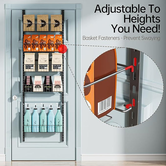 Delamu Adjustable Cabinet Door Organizer, 6-Tier Hanging Spice Rack Organizer, Metal Over the Door Pantry Organizer, Pantry Organizers and Storage Shelves for Kitchen Bathroom Laundry Room, Black