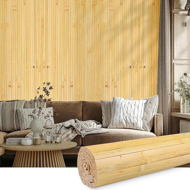 FONUNO Bamboo Wall Panel for Interior Decoration Bamboo Pole Wrap Roll Natural Wainscoting Paneling Decorative Wall Slat Covering for Living Room, Bedroom, Office (48 Inch x 96 Inch, Natural)