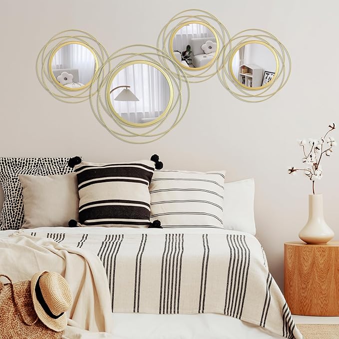 Cityelf 4 Set Mixed Size Gold Circle Mirrors Wall Decor Iron Frame Wall Art Round Mirror Home Decor Hanging for Living Room/Bedroom/Bathroom/Entryway