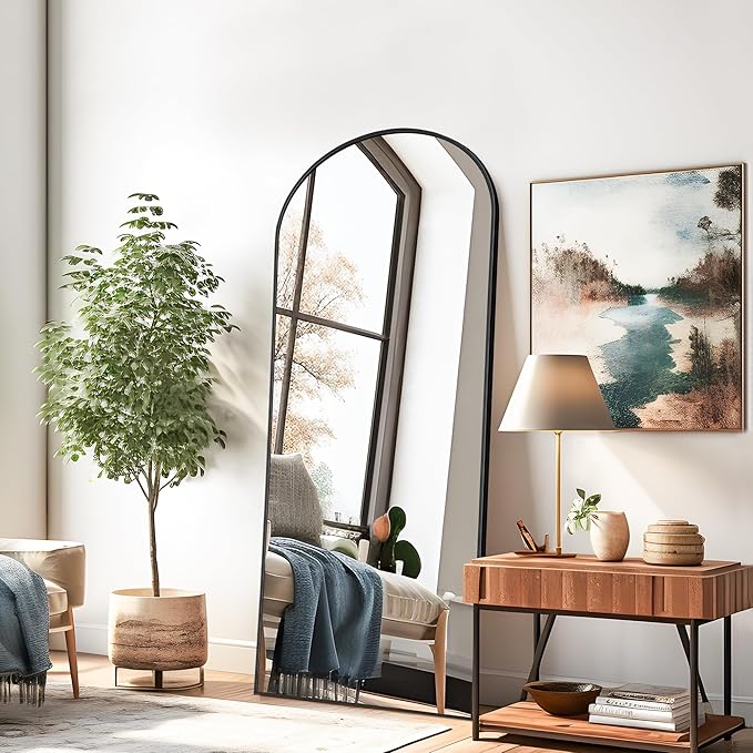 NicBex Arched Full Length Mirror with Stand, 56"x19" Aluminum Alloy Frame Floor Mirror, Black - Free Standing, Leaning Against Wall or Wall-Mounted, for Bedroom Living Room Dressing Room