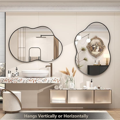 48x27 Black Irregular Wall Mirror, Black Matte Asymmetrical Bathroom Mirror, Decorative Aluminum Frame for Bathroom Bedroom Entryway, Shatterproof, Anti-Rust (Horizontally/Vertically)