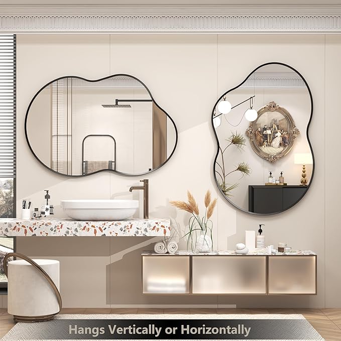 48x27 Black Irregular Wall Mirror, Black Matte Asymmetrical Bathroom Mirror, Decorative Aluminum Frame for Bathroom Bedroom Entryway, Shatterproof, Anti-Rust (Horizontally/Vertically)