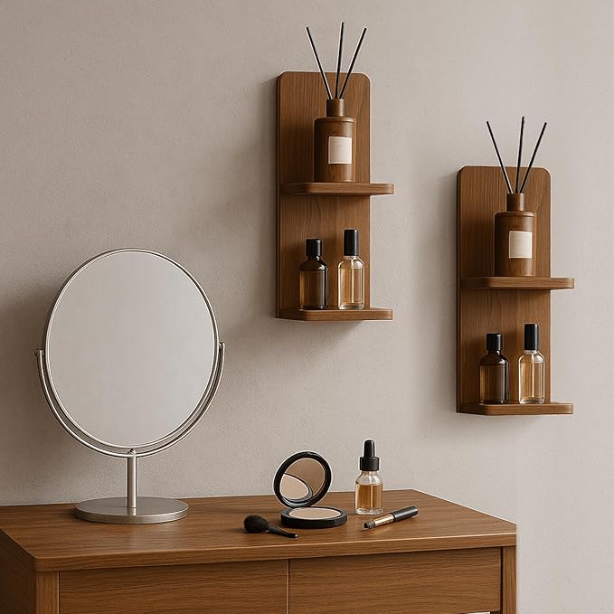 2-Tier Walnut Floating Wall Shelf of 2, 20x8x6 Wall-Mounted Wooden Beside Shelf/Nightstand for Home Décor, Plants, Cosmetics, Bathroom, Kitchen, Bedroom Storage