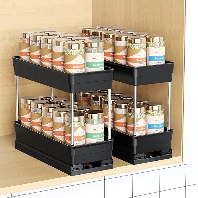 Pull Out Spice Rack Organizer for Cabinet, Slide Out Spice Racks Organizer, Easy to Install Spice Cabinet Organizers, 4.33''Wx10.62''Dx8.66''H, 2 Packs-2 Tiers(Black)