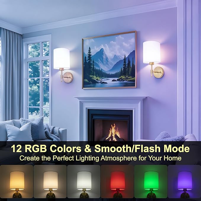 Battery Operated Wall Sconces Set of Two, Wireless Battery Wall Lamp with Remote Control, 12 Colors RGB Magnetic Bulb, Rechargeable Gold Wall Sconce for Bedroom Living Room Hallway