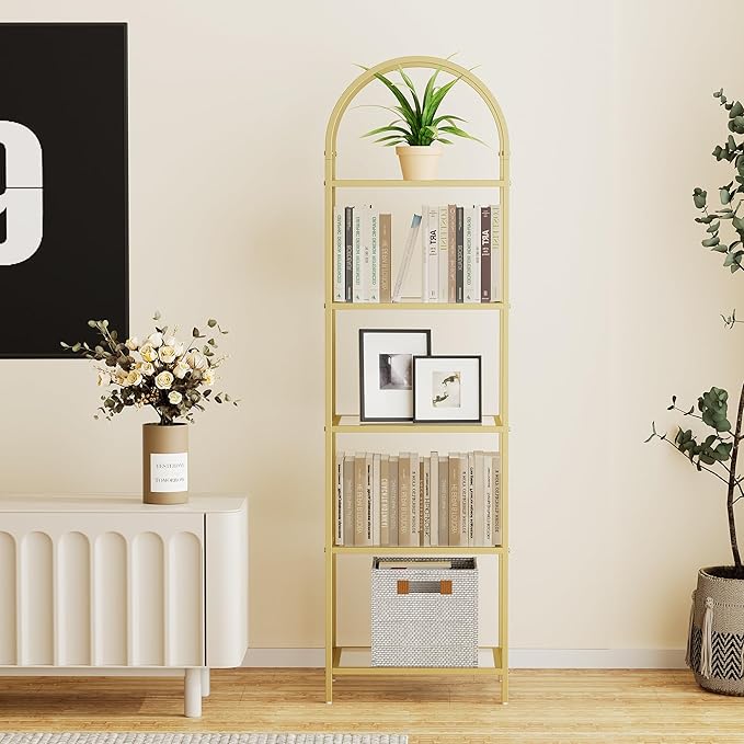 Homhedy Bookshelf Arched Display Racks,Metal Bookcase,Tempered Glass Shelves,Storage Rack Shelf for Home Office,Living Room,Bedroom, Bathroom,Modern Style (Golden, 11.8